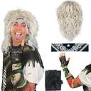 Watt's Wigs 80s Rock Star Costume Men – Blond Wig with Headband, Tattoo Sleeve & Glove – 80's Rocker Outfit for Men, Blonde Rockstar Wig, 1980s Costumes for Adults, Halloween Cosplay