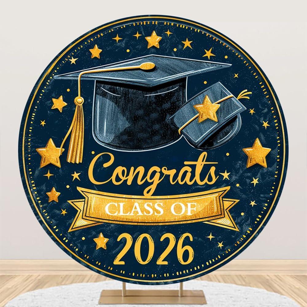7.2ft Graduation Round Backdrop Cover Blue and Gold Class of 2026 Circle Backdrop for Photoshoot Congrats Grad Photography Background for Graduations Party Decorations Photo Props