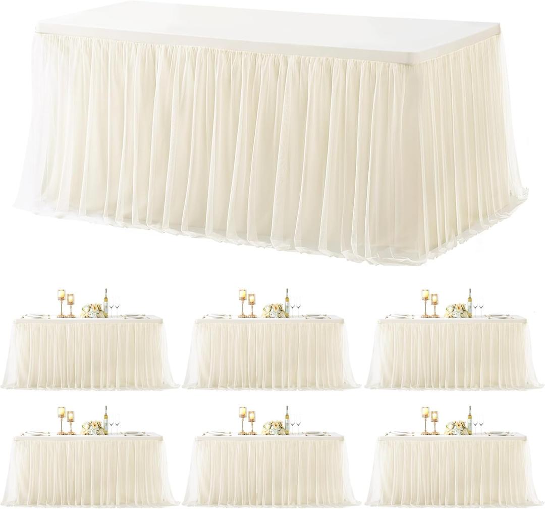 6 Pack Champagne Table Cloth for 8 Foot Rectangle Tables, Stretch Fitted Tulle Table Covers Skirt, Rectangular Ruffle Tutu Tablecloth Wedding Banquet Baby Shower Cake Tablecloths Decorations