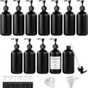 TBWIND 12 Pack 8oz Black Glass Soap Dispenser Bottles with Pumps, Refillable Glass Bottles for Shampoo, Conditioner & Lotion, Ideal for Bathroom, Kitchen, Waterproof Labels & Funnels Included