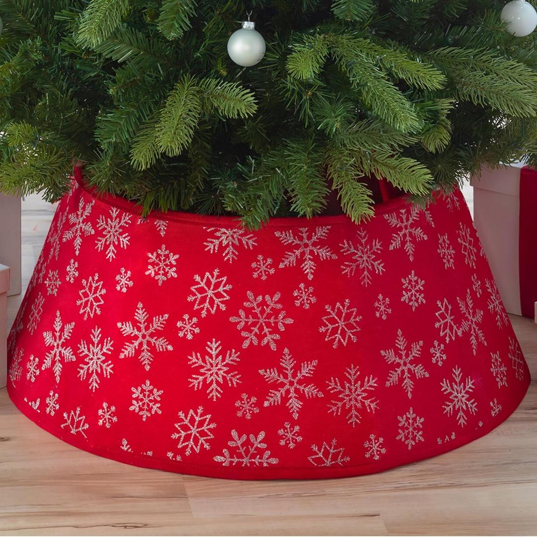 New Traditions Red Velvet Christmas Tree Collar with Silver Glitter Snowflakes  26" Diameter Fabric Stand Band for Artificial & Natural Trees  Tree Skirt Alternative, Collapsible