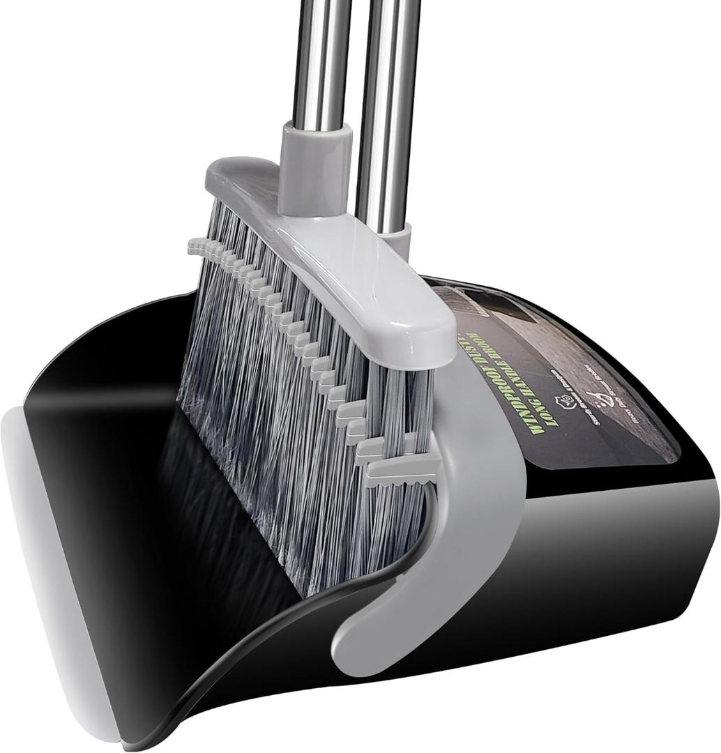Broom with Dustpan Combo Set Broom and Dustpan Set Dust Pan with 51.2" Stainless Steel Long Handle, Brooms with 5-Layer Plus Firm and Soft Bristles Combine, New Home Apartment Office Essentials
