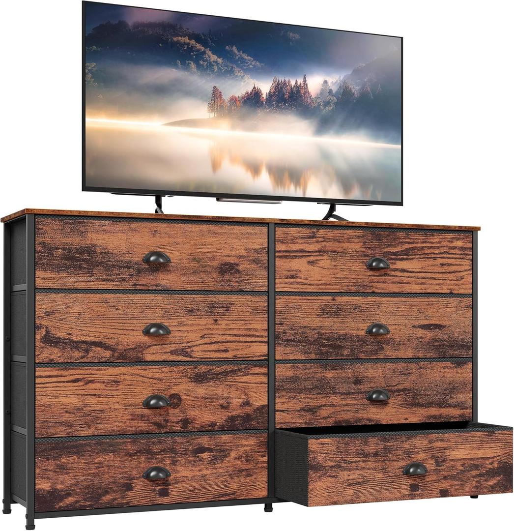 Furnulem Long Dresser for Bedroom, TV Stand for 55'' TV, Wide Storage Drawer Unit with 8 Fabric Bins, Double Dresser for Bedroom, Office, Dorm, Closet, Entryway, Wood Top (Rustic Brown)