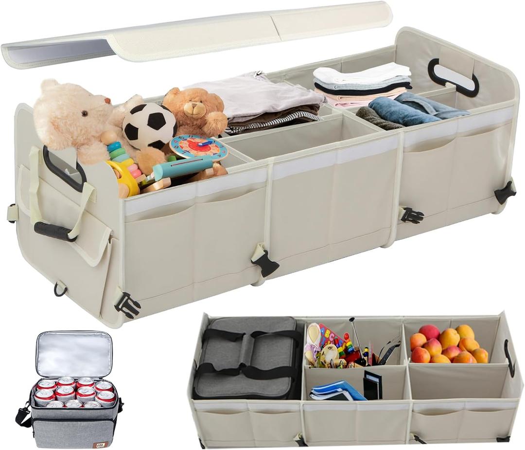 [2025 Upgrade] Off White Car Trunk Organizer With Built-In Insulated Leak Proof Cooler Bag, Storage Collapsible Multi Compartment Car Organizer Adjustable Straps for SUV