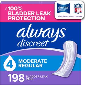 Always Discreet Adult Incontinence Pads for Women, Drier, 4 Drop Regular Length, Moderate Absorbency, Pads for Bladder Control Management, Bladder Leaks, & Postpartum Pads, 198ct