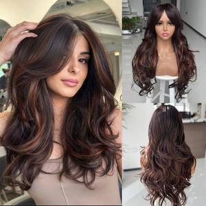 Ombre Brown Highlight Long Layered Wavy Wig with Bangs for Women Synthetic Dark Brown Mix Highlight Blonde Body Wave Curtain Bang Wig Long Layered Haircut for Black and White Women Daily Use 24Inch