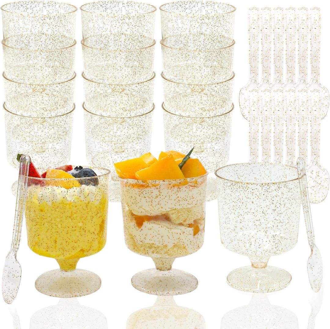 120 Pack Plastic Dessert Cups with Spoons 60 Pack Clear Yogurt Parfait Appetier Cup with Gold Glitter for Party Disposable Round Goblet Shooter for Ice Cream Pudding and Fruit