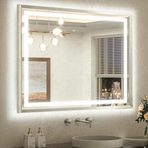 TETOTE 40 x 30 Bathroom Mirror Brushed Black Metal Frame Frontlit & Backlit Vanity Mirror 3 Colors White/Warm/Natural Stepless Dimmable Anti-Fog Bathroom Mirrors for Vanity Wall-Mounted