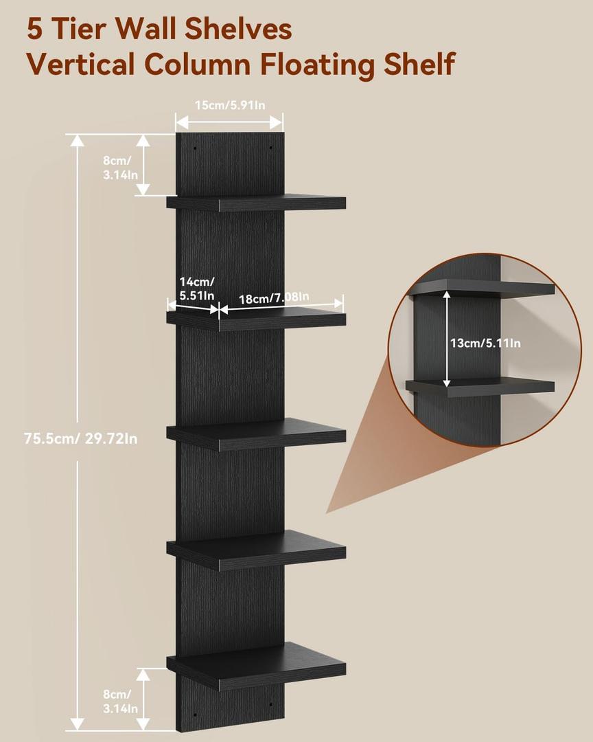 IBUYKE 5 Tier Wall Shelf Unit,Black Vertical Shelf,Floating Storage Wall Shelf,Decorative Wall Mount Vertical Shelving for Home, Bedroom,Living Room,Office Decor WBC009B
