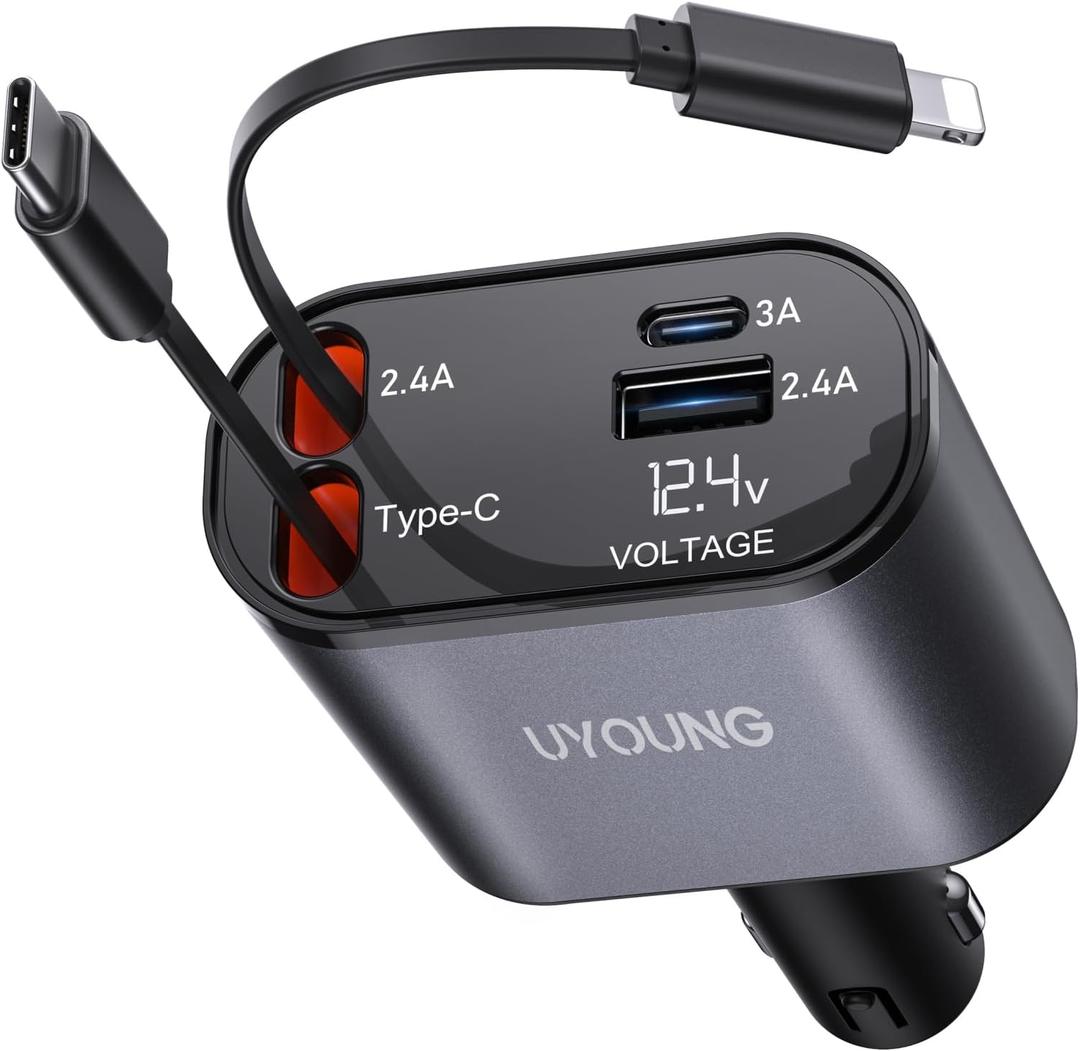 iPhone Car Charger, Retractable Fast Car Phone Charger 100W for CarPlay, 4 in 1 Car Charger Adapter with 2 Cables 31.5 Inch and 2 USB Ports, Compatible with iPhone 16/15/14/13/12/11 Pro/Samsung