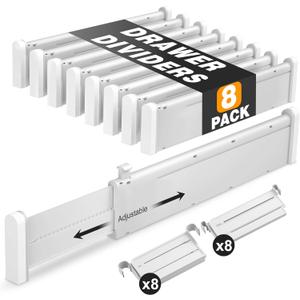 HiYZ Expandable Drawer Dividers with Inserts - Adjustable Drawer Organizers Separators for Kitchen, Bedroom, Dresser, Office, 8 Long Dividers(12.6-22.8 IN) with 16 Inserts(3.9-7.1 IN) - Gray