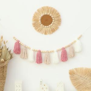 Boho Yarn Tassel Garland Pink Banner with Wood Beads Wall Hanging for Baby Shower Kids Bedroom Nursey Decor
