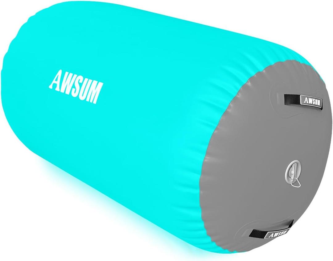 AWSUM Air Roller Gymnastics Barrel Inflatable Tumbling Mat Back Handspring Trainer for Octagon Mat Gym Home Gymnastics EquipmentNo Electric Pump ((L)47.3"x(Diam)29.5"-No pump, Mint Green/Grey)