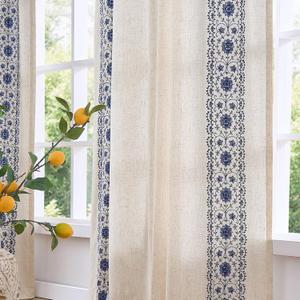 jinchan Weslie Boho Lined Linen Curtains for Living Room Blue Vintage Floral Farmhouse Curtains 108 Inches Long Extra Long Drapes for Bedroom Embroidered Rod Pocket Blue on Beige 2 Panels