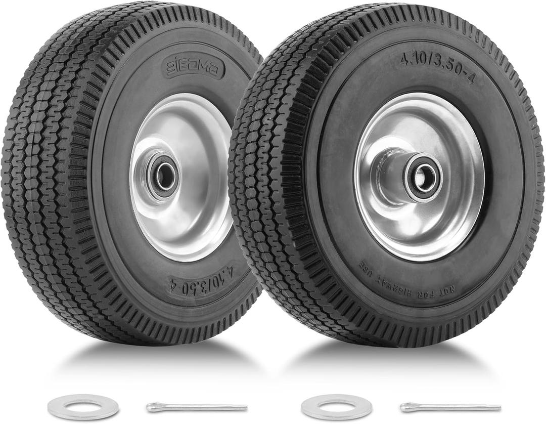 2 Pack 10" Solid PU Tires and Wheels, 4.10/3.50-4 Tire and Wheel Flat Free, Replacement Wheels for Garden Cart, Hand Truck, Wheelbarrows, etc (2 PACK, Raised Tread)