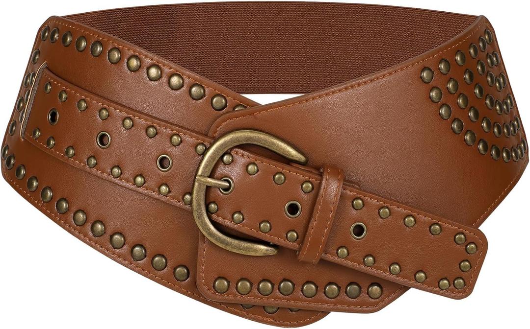 JASGOOD Women Vintage Wide Elastic Belt Studded Stretchy Waist Belt with Rivets Metal Buckle (Suit for Waist Size 23"-27", Brown)