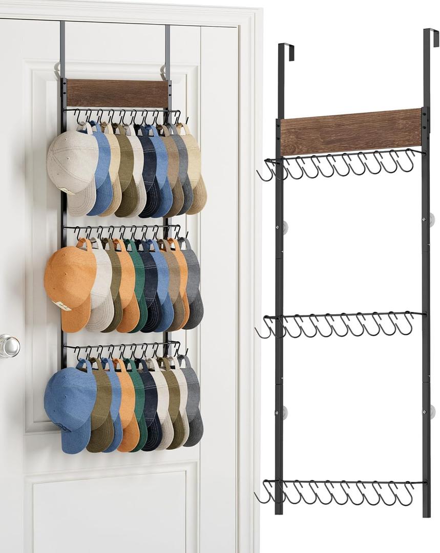 FANGSUN 3-Tier Over the Door Hat Rack with 30 Movable Hooks  Wall Mounted Hat Organizer for Baseball Cap Storage, Cap Holder Gifts for Men Dad, Christmas Presents (24.8 inches)