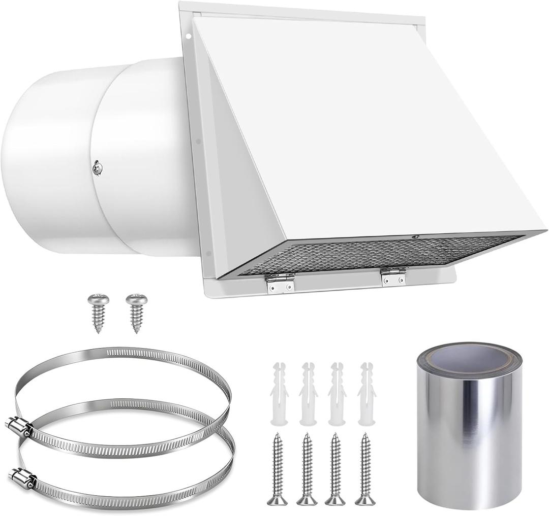 8 Inch Wall Vent Cover with Hood, Screen & Damper, Outdoor Wall Exhaust Vent Cover for Kitchen Range Hood & HVAC Duct, Galvanized Steel, White