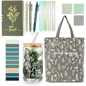 Singhoow 14 Pcs Inspirational Journal Kit for Women Aesthetic A6 Leather Journal Notebook Glass Cup Canvas Tote Bag Motivational Pens Thank You Gifts for Teacher School Student Study Supplies(Green) (No Cup)