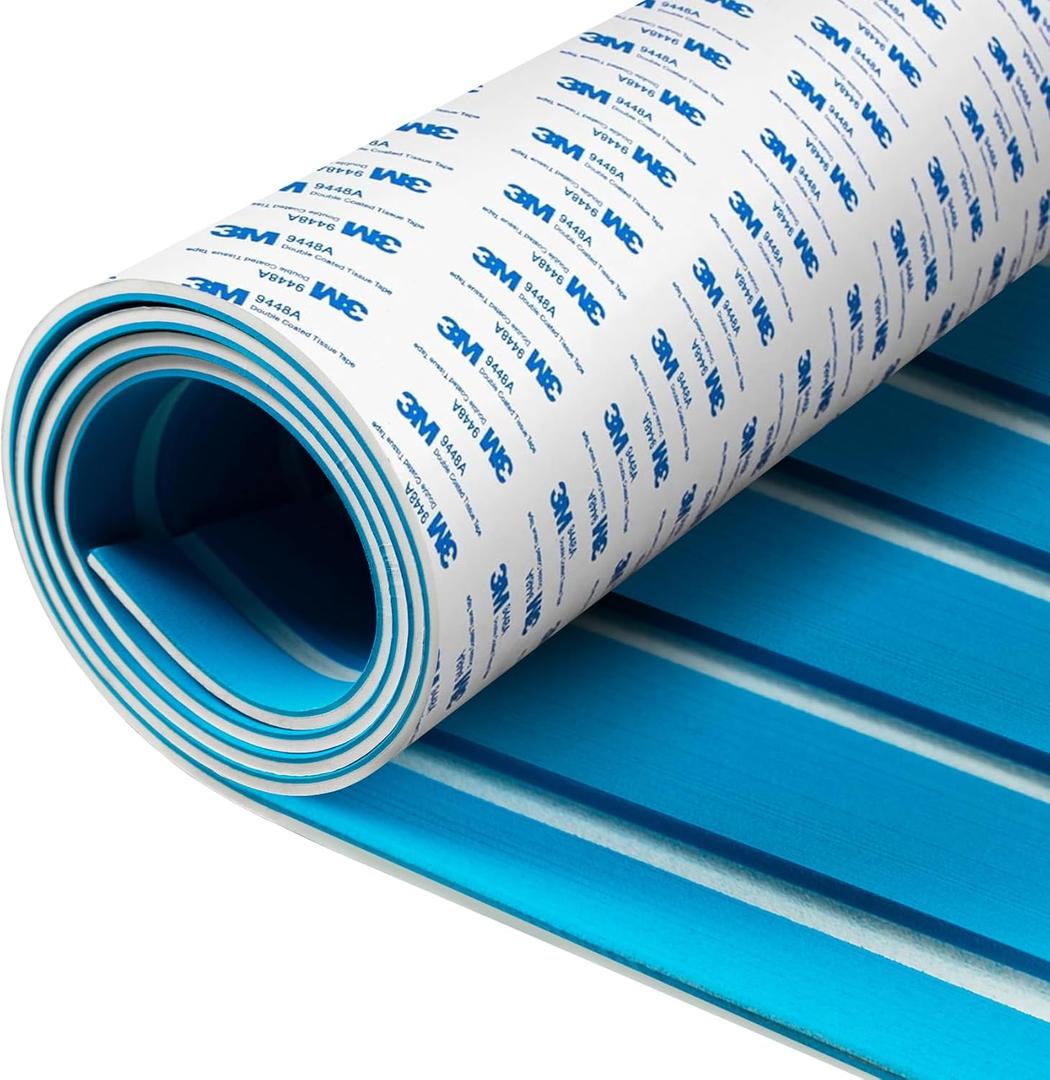 Fullfire EVA Foam Boat Flooring with 3M Self-Adhesive Backing, Marine Decking Faux Teak Deck Sheet for Jon Boats Pontoon Boat Yacht RV Jet Ski Kayak Floor (94" x 35", Blue With White Lines)