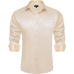 DiBanGu Mens Satin Dress Shirts Casual Long Sleeve Button Down Shirt Regular Fit Wrinkle Free Shiny Shirts for Men Party Prom (3X-Large, Champagne Solid)
