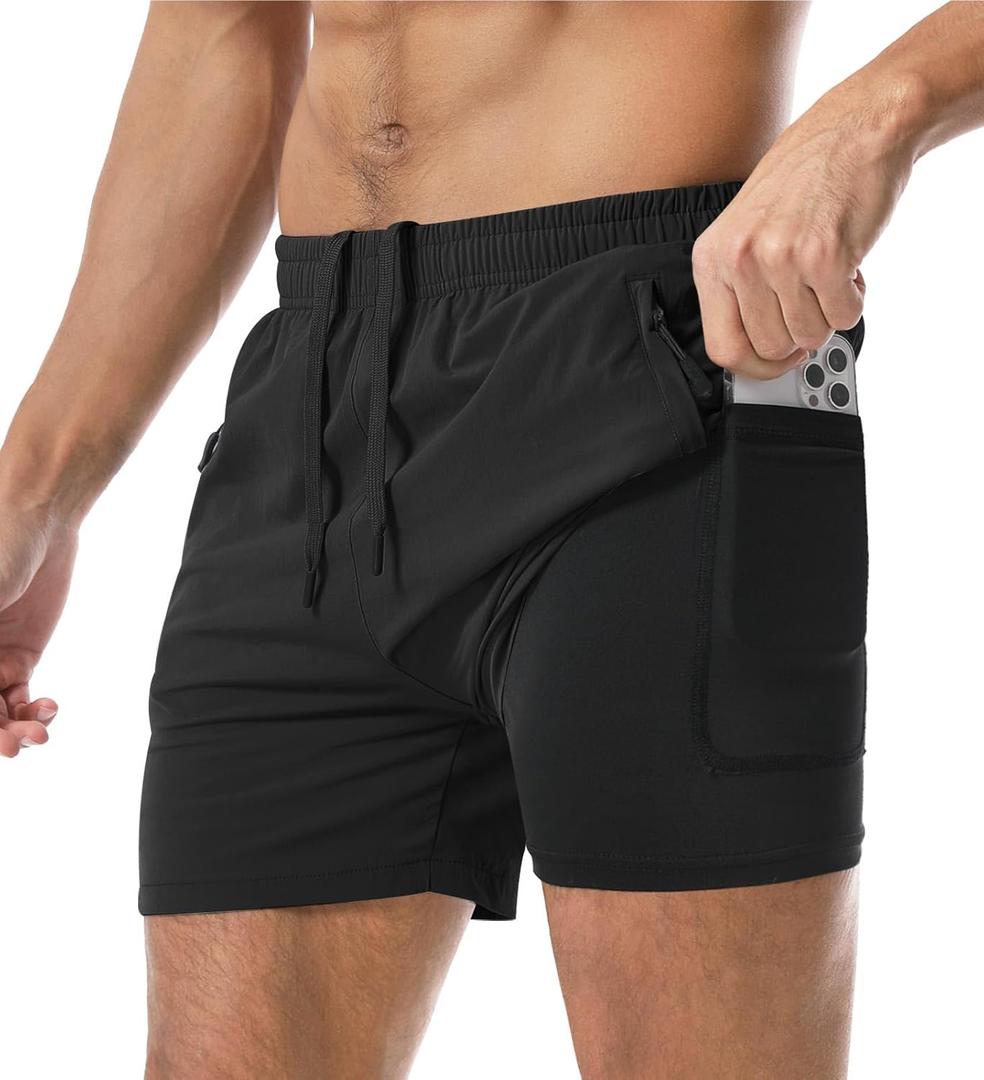 Aolesy Men's Gym Shorts Linerless & Liner - 5" Quick Dry Workout Running Shorts with Zip Pockets Sports Athletic Shorts (Medium, Black)