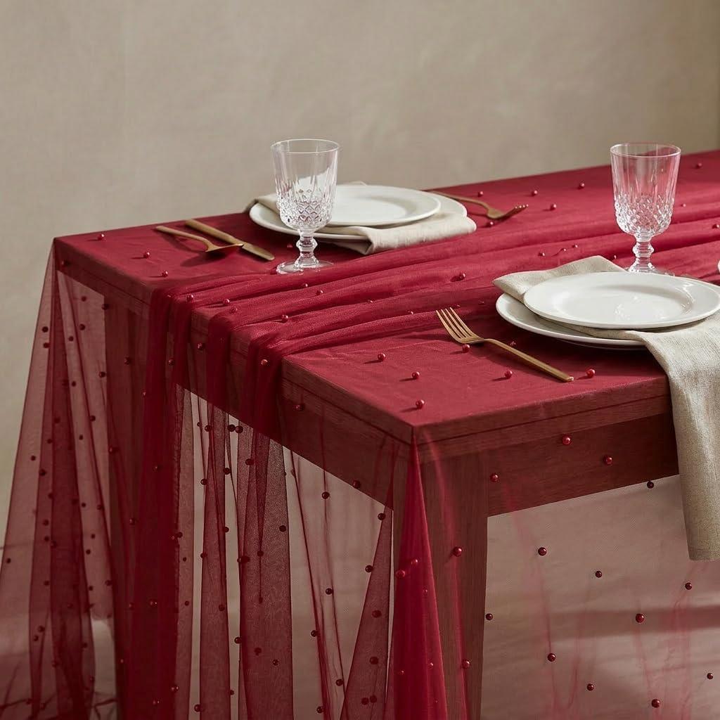 Horaldaily Burgundy Pearl Gauze Tablecloth, 60×84 Inch Rectangular, Spring Summer Tulle Lace Cheesecloth, Bridal Shower Table Cover for Wedding Birthday Table Decor