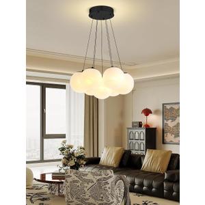 Modern Bubble Chandelier Lighting 7-Light Mid-Century White Glass Globe Chandeliers Cluster Pendant Light Black Hanging Chandelier for Bedroom Living Room