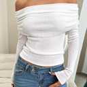 ZESICA Long Sleeve Shirts for Women Ribbed Knit Off Shoulder Slim Fit Going Out Tops Outfits 2026 Trendy Fashion Clothes (White)