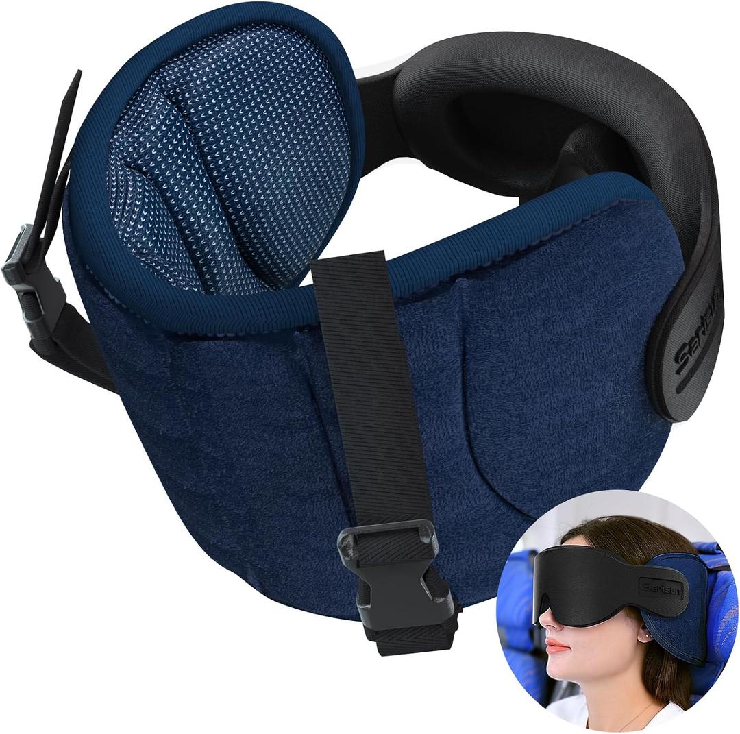 SARISUN Travel Pillows for Airplanes, Airplane Pillow for Long Flight, Airplane Head Strap with Sleep Eye Mask, 360 Support Headrest for Car Trip, Travel Essentials Stop Bobblehead, Mottled Blue, Airplane Seats with Headrest
