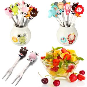 12 Pcs Food Picks for Kids with 2 Ceramic Jars Set of 2 Cute Cartoon Animal Fruit Forks Kids Toothpicks Stainless Steel Bento Picks for Kids with Silicone Handles Back to School Party Supplies