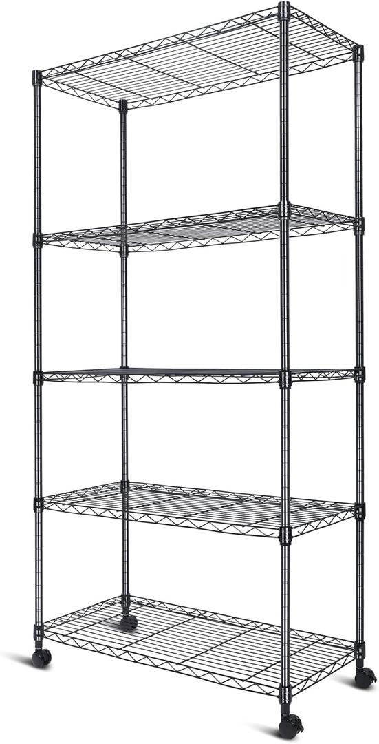 Whitmor 5-Tier Heavy Duty Shelving Unit, Metal Adjustable Storage Shelves, 1000 lbs Capacity for Pantry, Kitchen, Closet, Laundry, 29.6" L x 13.7" W x 59.4" H, Black, 5-TIER,30"L x 14"W x 59"H