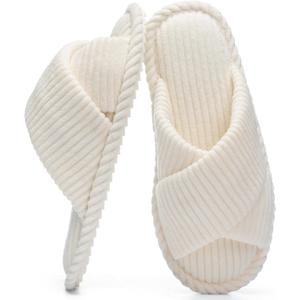 Slippers for Women Memory Foam House Bedroom Corduroy Crossbands Open Toe Slides Sandals Shoes Comfy Trendy Gift for womens Anti-Skid sole (9-10, Beige)