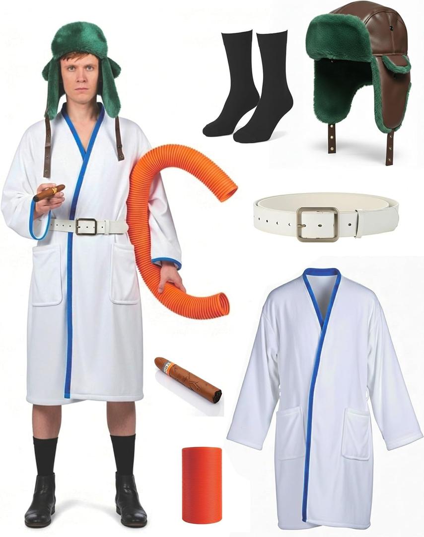 Christmas Holiday Cousin Eddey Costume, 6Pcs Robe, Green Trapper Hat, Belt, Black Socks, Prop Cigar, Tube, Halloween Christmas Funny Vacation Costume Cosplay Set