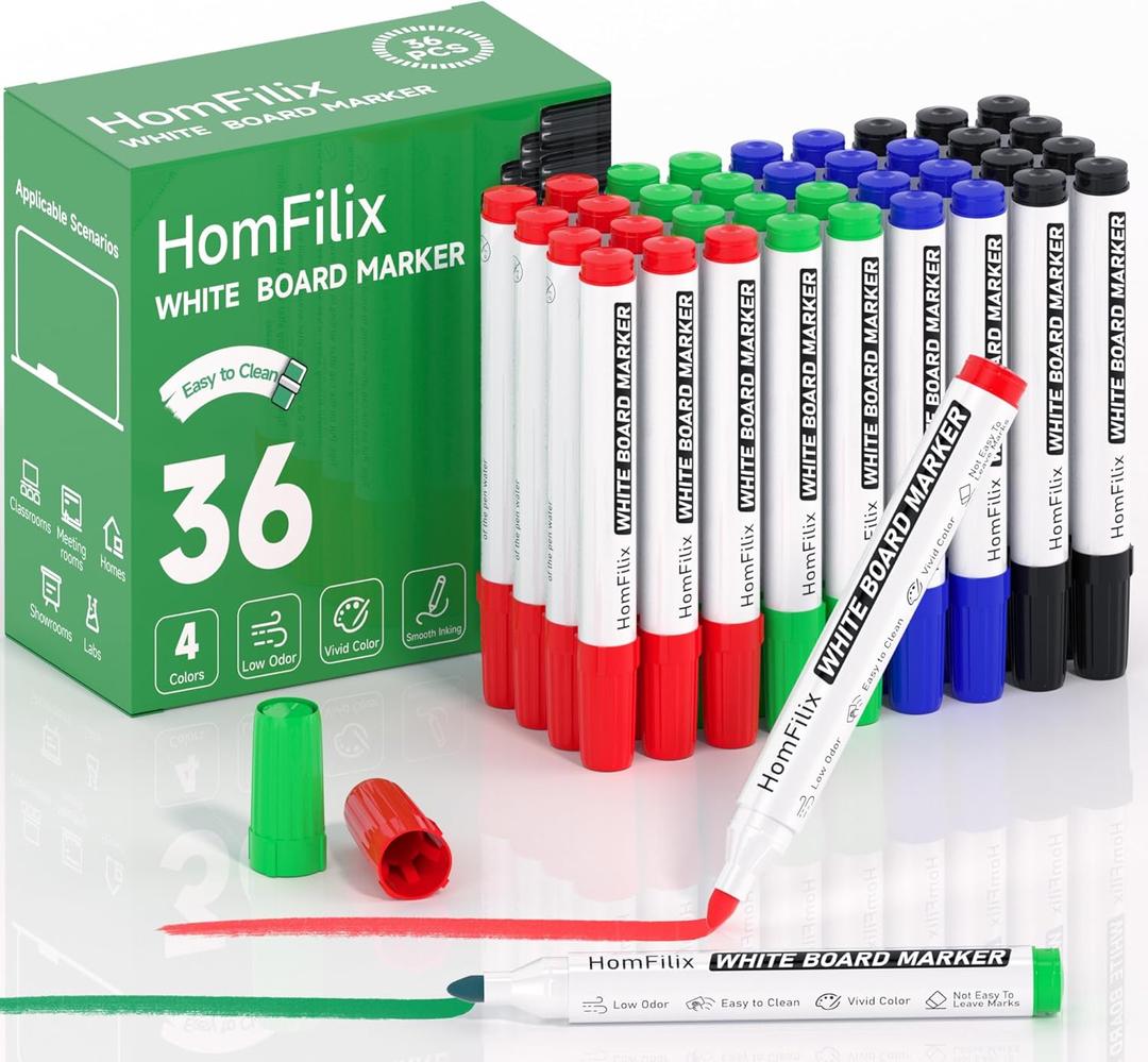 White Board Markers Dry Erase 36 Pack Bulk, 2 mm Fine Bullet Tip, Low-Odor Plant-Based Ink, 4 Colors for Classroom, Office & Home Use | Premium Dry Erase Marker Set