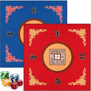 2 Pcs Mahjong Mat Mahjong Table Cover Non-Slip Noise Reduction Gaming Mat for Poker Board Tile Games Dominoes Party Festival Reunion 30.7 x 30.7 Inches(Blue, Red)
