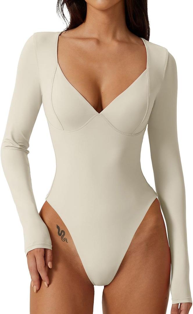 QINSEN Women's Long Sleeve Bodysuit V Neck Body Suits Seamed Cup Going Out Tops Shirt (Beige, L)