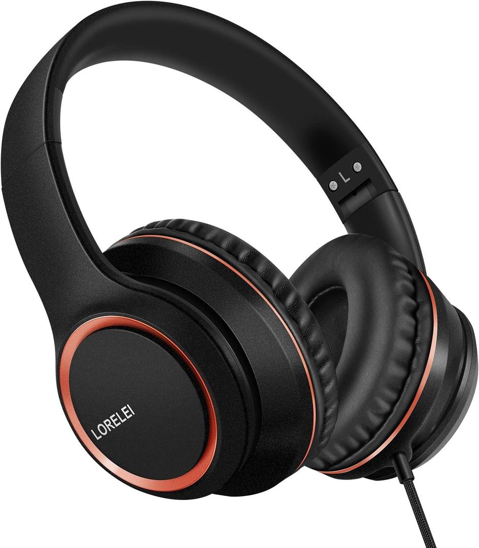 LORELEI X8 Over-Ear Wired Headphones with Microphone with 1.45m-Tangle-Free Nylon Line&3.5mm Plug,Lightweight Foldable & Portable Headphones for Smartphone,Tablet,Computer,Mp3/4(Space Black)