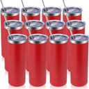 12 Pack Skinny Tumblers with Lid and Straw, 20oz Stainless Steel Straight Tumbler Bulk, Vacuum Insulated Coffee Mug for Home, Office, Travel, DIY (Red,12 Pack)