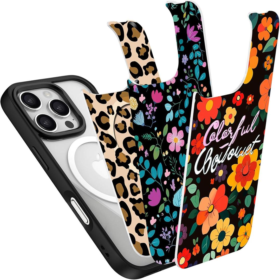 IYH for iPhone 16 Pro Case with 3 Interchangeable Magnetic Back Covers, Military-Grade Protection | Wireless Charging Compatible, Floral Pattern, Black