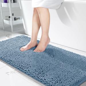 Yimobra Long Chenille Bathroom Rug 44"x24" - Extra Soft Non Slip Bath Mat - Super Absorbent Quick Dry Plush Shaggy Floor Carpet for Tub & Shower - Machine Washable, Denim Blue