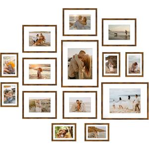 Giftgarden 14 Pack Brown Picture Frames with Mat for Various Sizes Photos, Assorted Matted Frame Set Including Two 11x14, Six 8x10, Six 5x7, Gallery Frame Collage for Wall or Tabletop Display