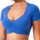 TAYOEA Crop Tops Workout for Women Yoga Short Sleeve Shirts Seamless V-Neck Gym T Shirts with Built in Pads (Blue, S)