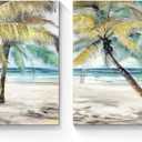 Beach Palm Trees Wall Art: Abstract Coastal Picture Tropical Ocean Scene Artwork Seascape Painting Print on Canvas for Modern Living Room Bathroom Office (24''x18''x2 panels)