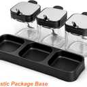 DEAYOU Set of 3 Glass Seasoning Box with Tray, 8.6oz Clear Condiment Canister Pots with 18/10 Stainless Steel Lid and Spoon, Salt Pepper Sugar Storage Container Spice Jar Cruet for Kitchen, Counter
