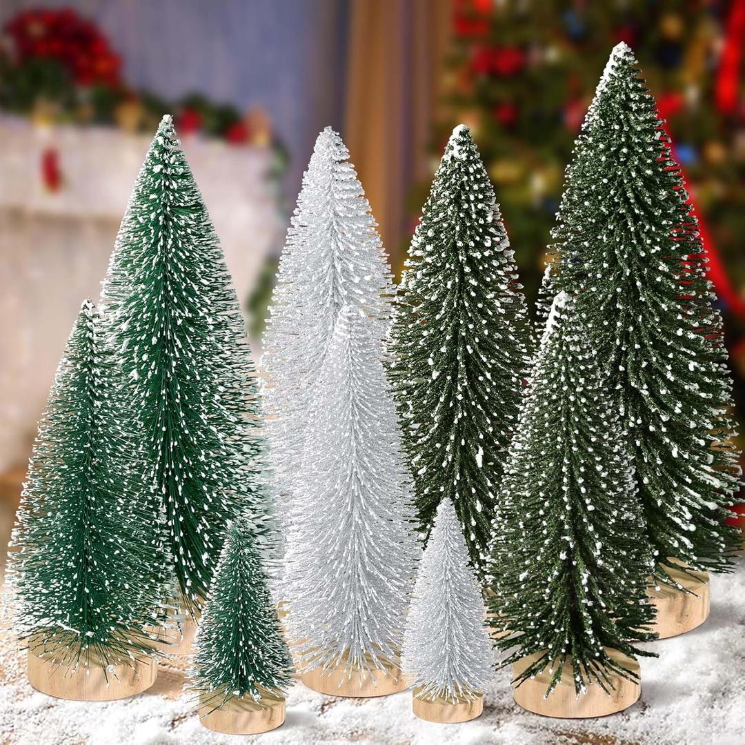 9pcs Mini Christmas Tree Desktop, Artificial Christmas Pine Tree, Mini Bottle Brush Trees Tabletop, Small Sisal Trees with Wooden Bases, Xmas Holiday Decor (Dark Green-Green-Silver)