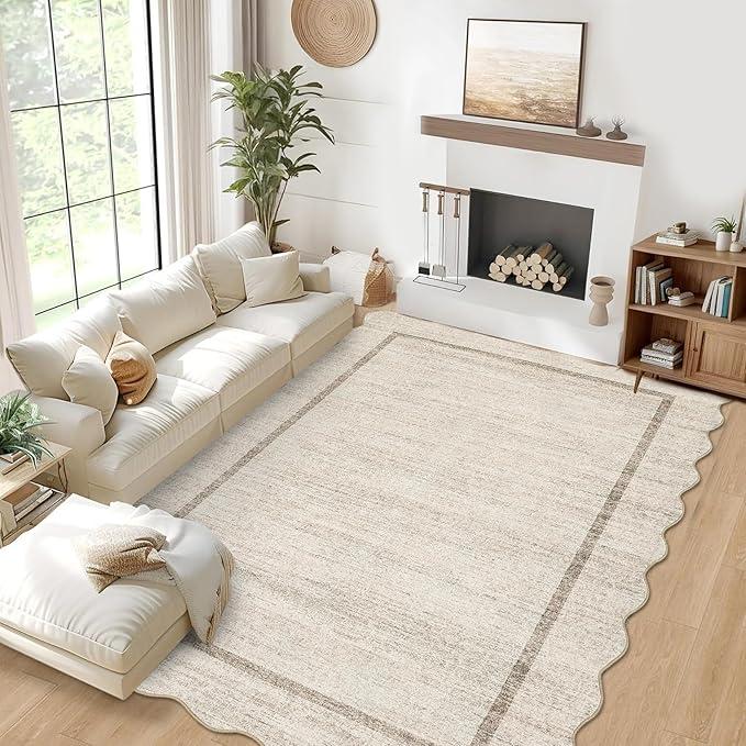 GarveeHome Scalloped Washable Rug 8x10 Rugs for Living Room Modern Bedroom Rug Large Area Rug Non Slip Throw Rugs Soft Low Pile Stain Resistant Carpet for Nursery Classroom Dining Room 8'x10' Beige