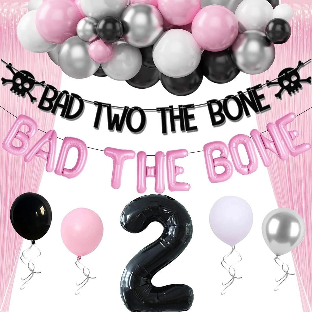 JeVenis Bad Two the Bone Birthday Decoration Girl Black 2nd Birthday Decorations for Girl Bad Two The Bone Party Decorations for Music Themed birthday Party Decorations