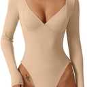 QINSEN Women's Long Sleeve Bodysuit V Neck Body Suits Seamed Cup Going Out Tops Shirt, L