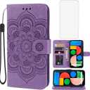 Case for Pixel 4A 5G Case, Pixel 5XL G025I Wallet Case with Tempered Glass Screen Protector, Embossed Mandala Leather Flip Credit Card Holder Stand Phone Cover for Google Pixel 4A 5G Purple